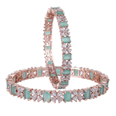 Estele Rose Gold Plated CZ Twinkling Floral Designer Bangles with Mint Green Stones for Women