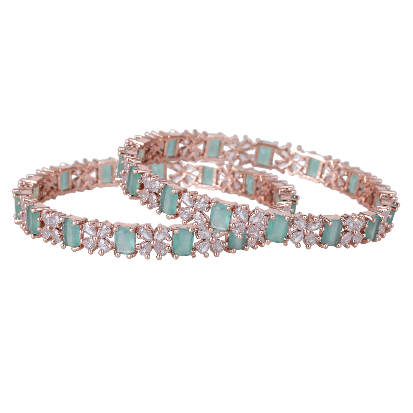 Estele Rose Gold Plated CZ Twinkling Floral Designer Bangles with Mint Green Stones for Women