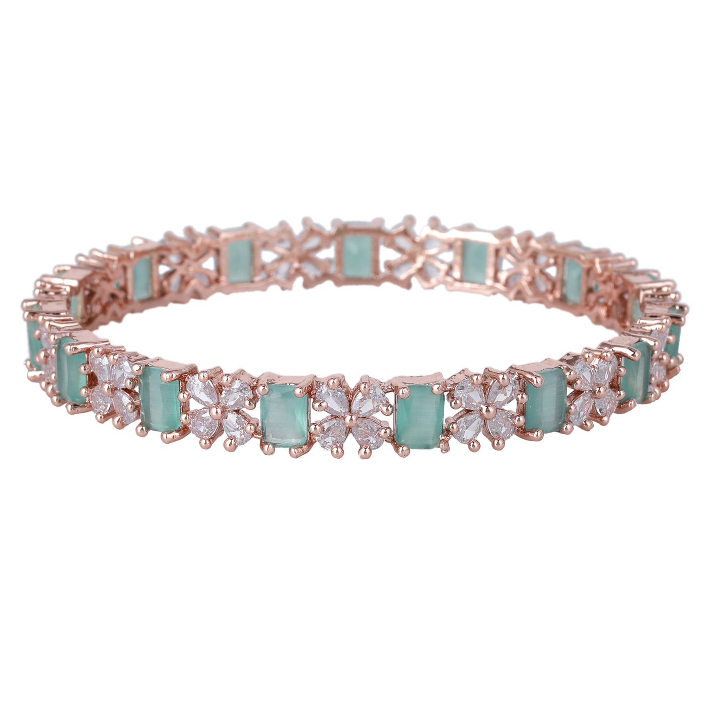 Estele Rose Gold Plated CZ Twinkling Floral Designer Bangles with Mint Green Stones for Women