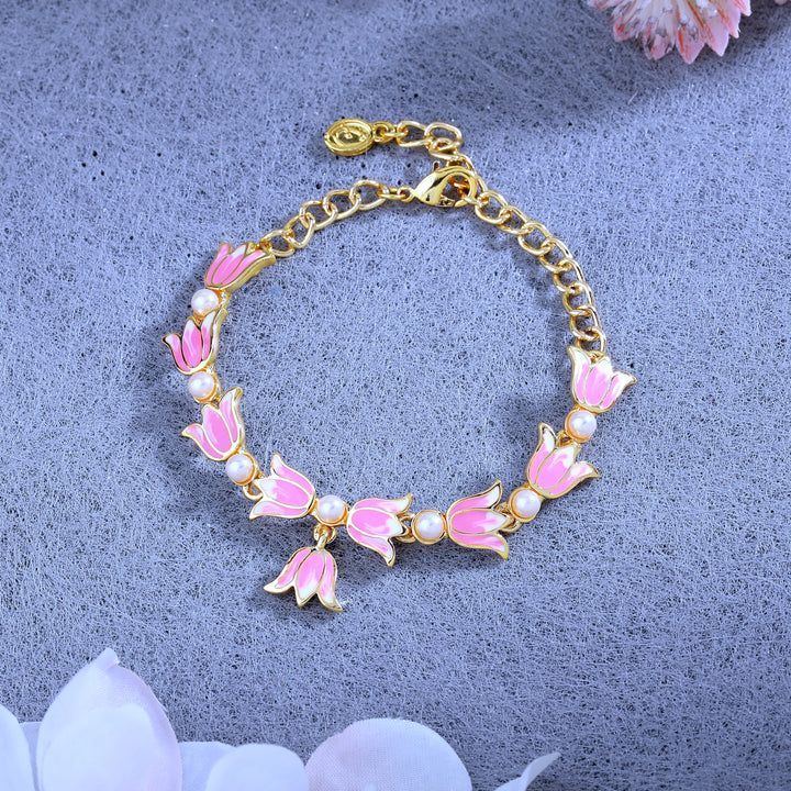 Estele Gold Plated Pink Enamelled Lotus Designer Link Chain Adjustable Bracelet with Pearls for Girl's & Women