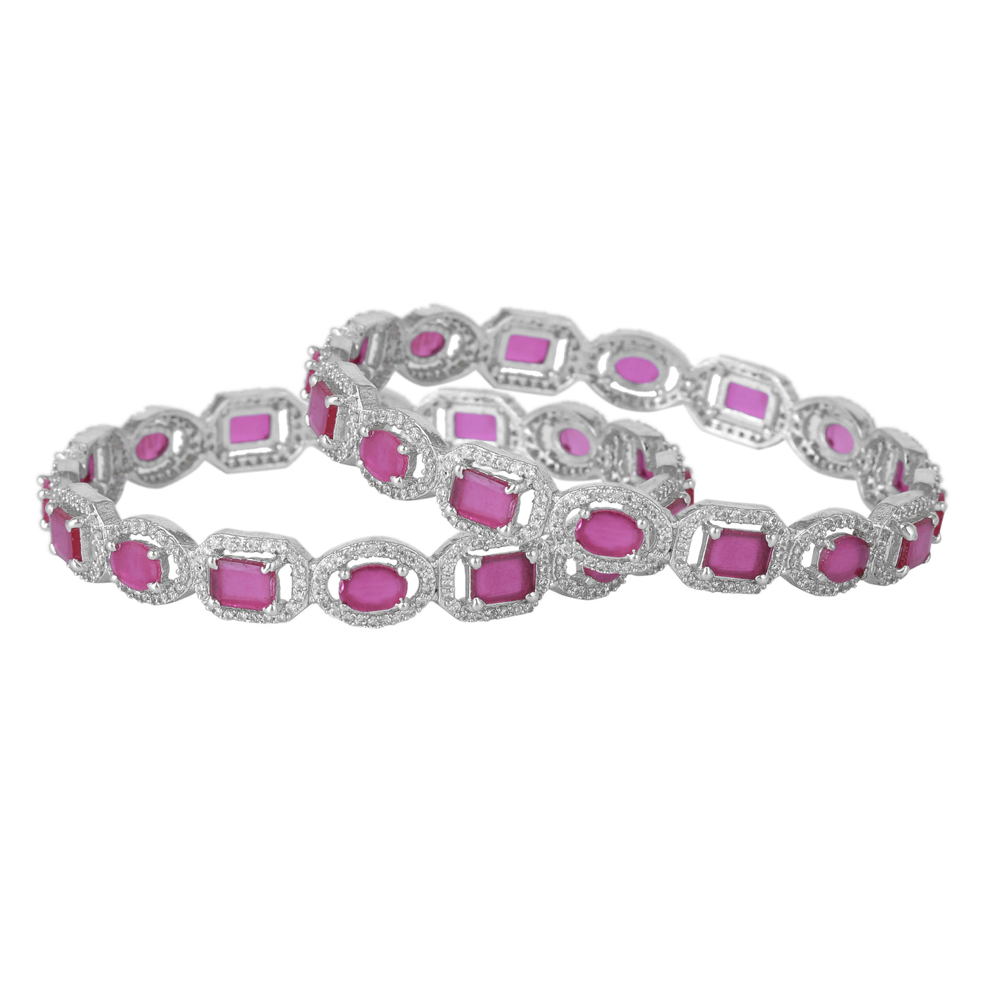 Estele Rhodium Plated CZ Sparkling Bangles with Red Stones for Women