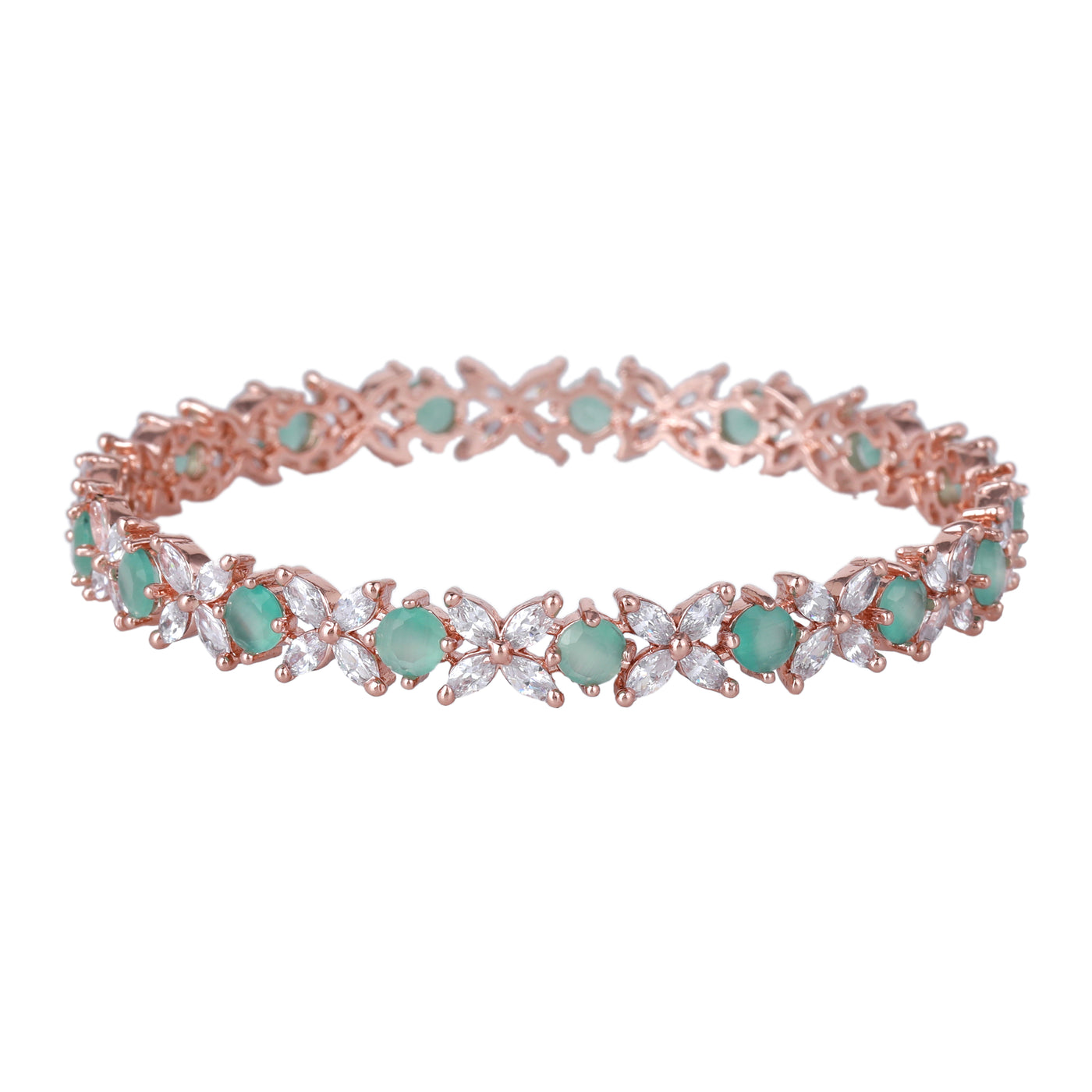 Estele Rose Gold Plated CZ Flower Designer Bangles with Mint Green Stones for Women