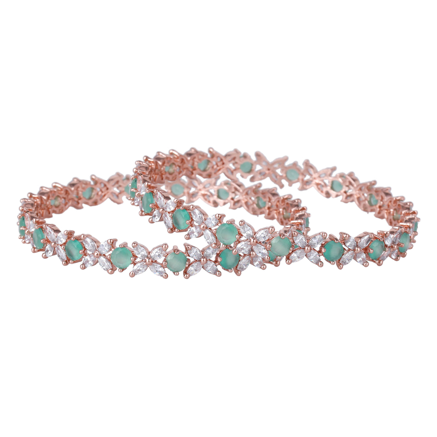 Estele Rose Gold Plated CZ Flower Designer Bangles with Mint Green Stones for Women