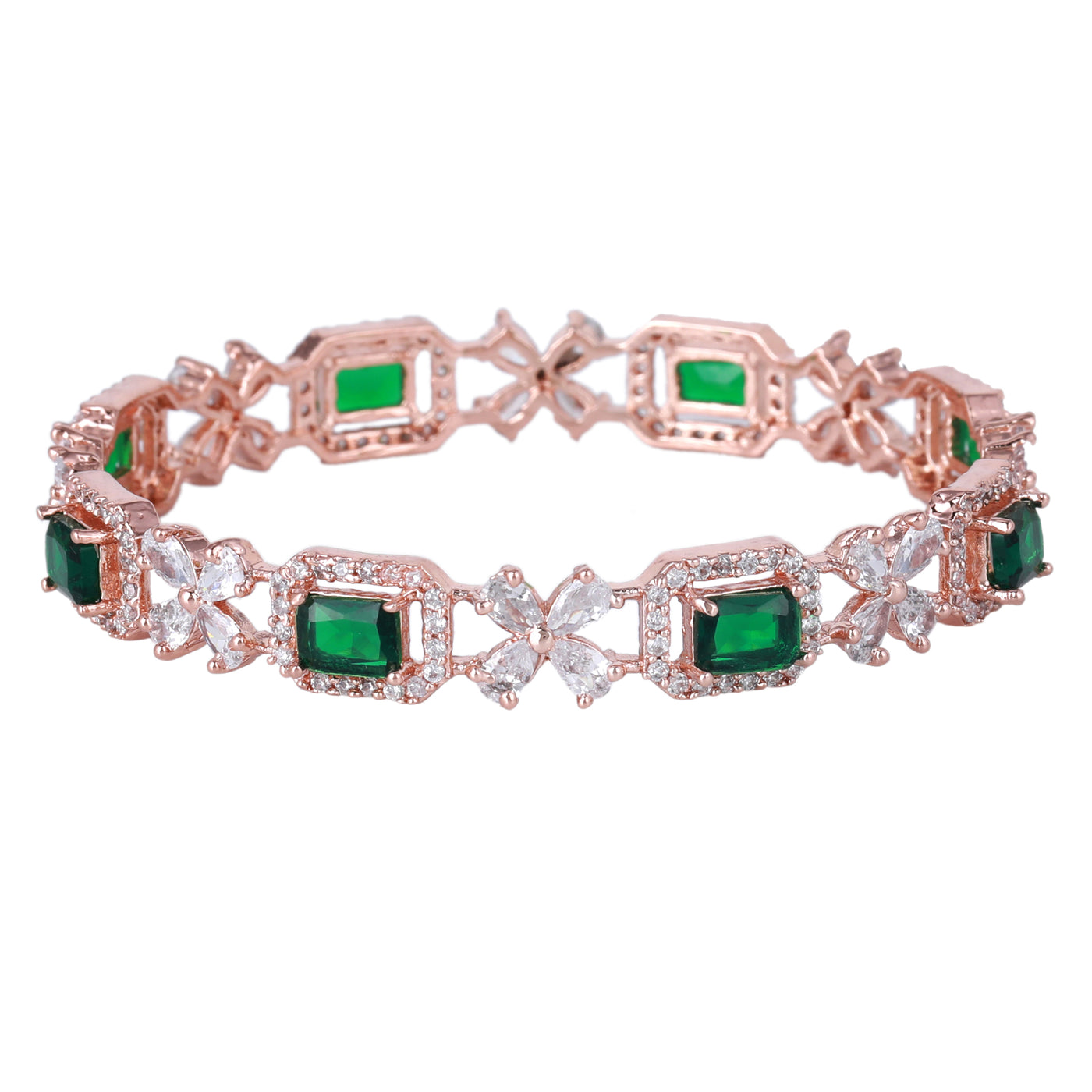 Estele Rose Gold Plated CZ Floral Designer Bangles with Green Stones for Women