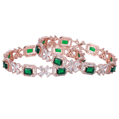 Estele Rose Gold Plated CZ Floral Designer Bangles with Green Stones for Women