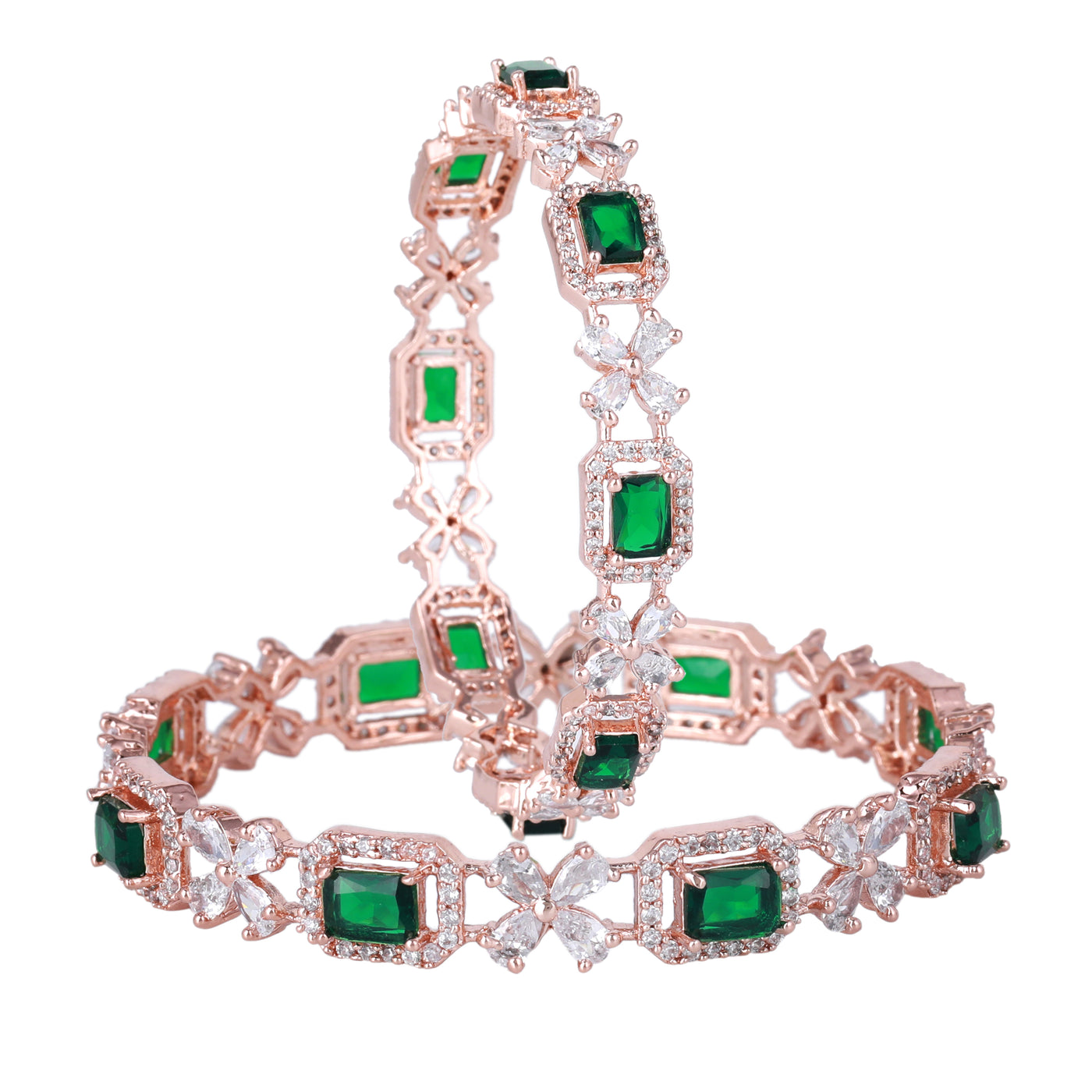 Estele Rose Gold Plated CZ Floral Designer Bangles with Green Stones for Women