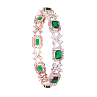 Estele Rose Gold Plated CZ Floral Designer Bangles with Green Stones for Women