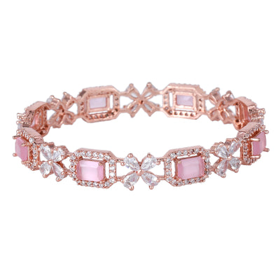 Estele Rose Gold Plated CZ Floral Designer Bangles with Mint Pink Stones for Women