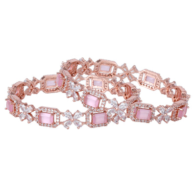 Estele Rose Gold Plated CZ Floral Designer Bangles with Mint Pink Stones for Women