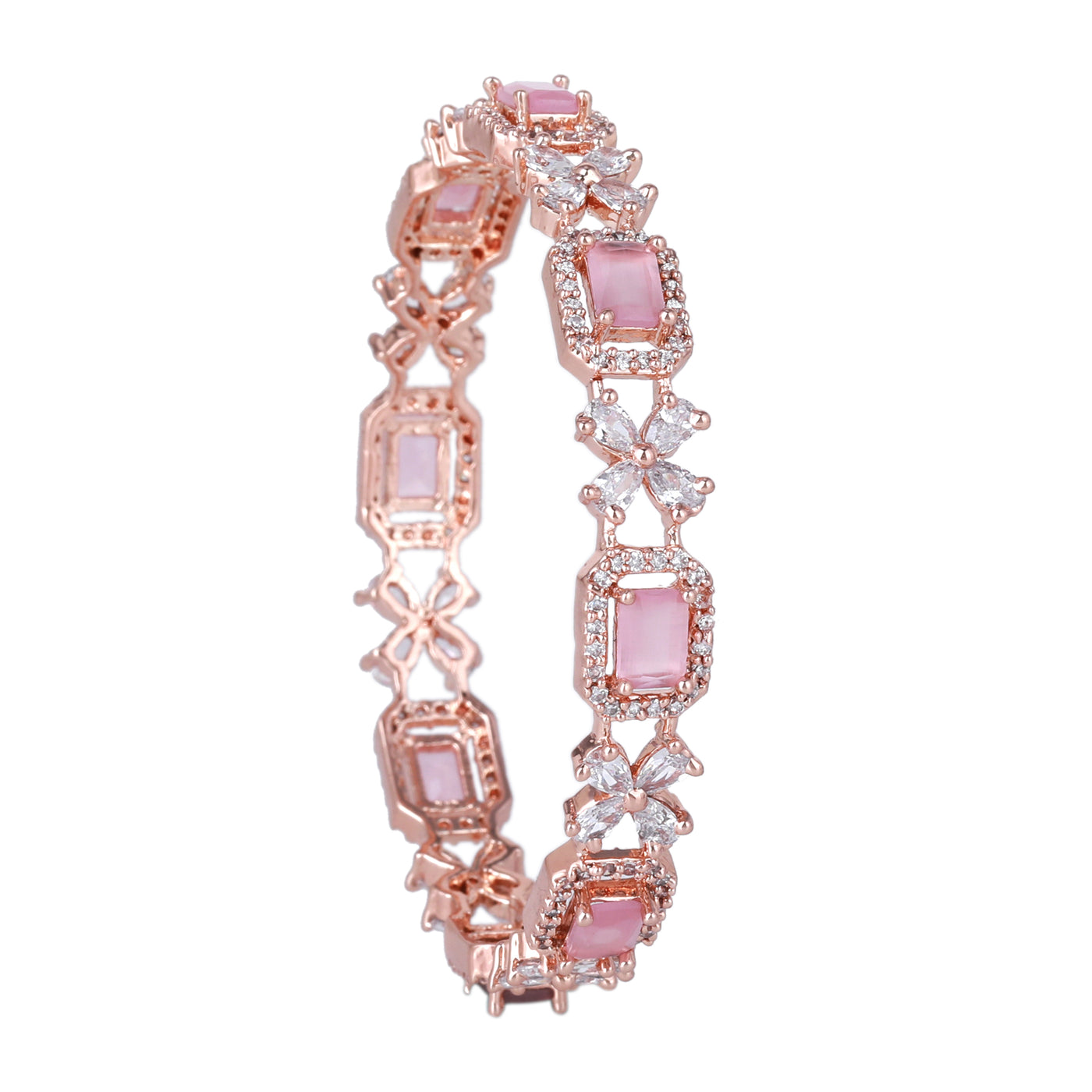 Estele Rose Gold Plated CZ Floral Designer Bangles with Mint Pink Stones for Women