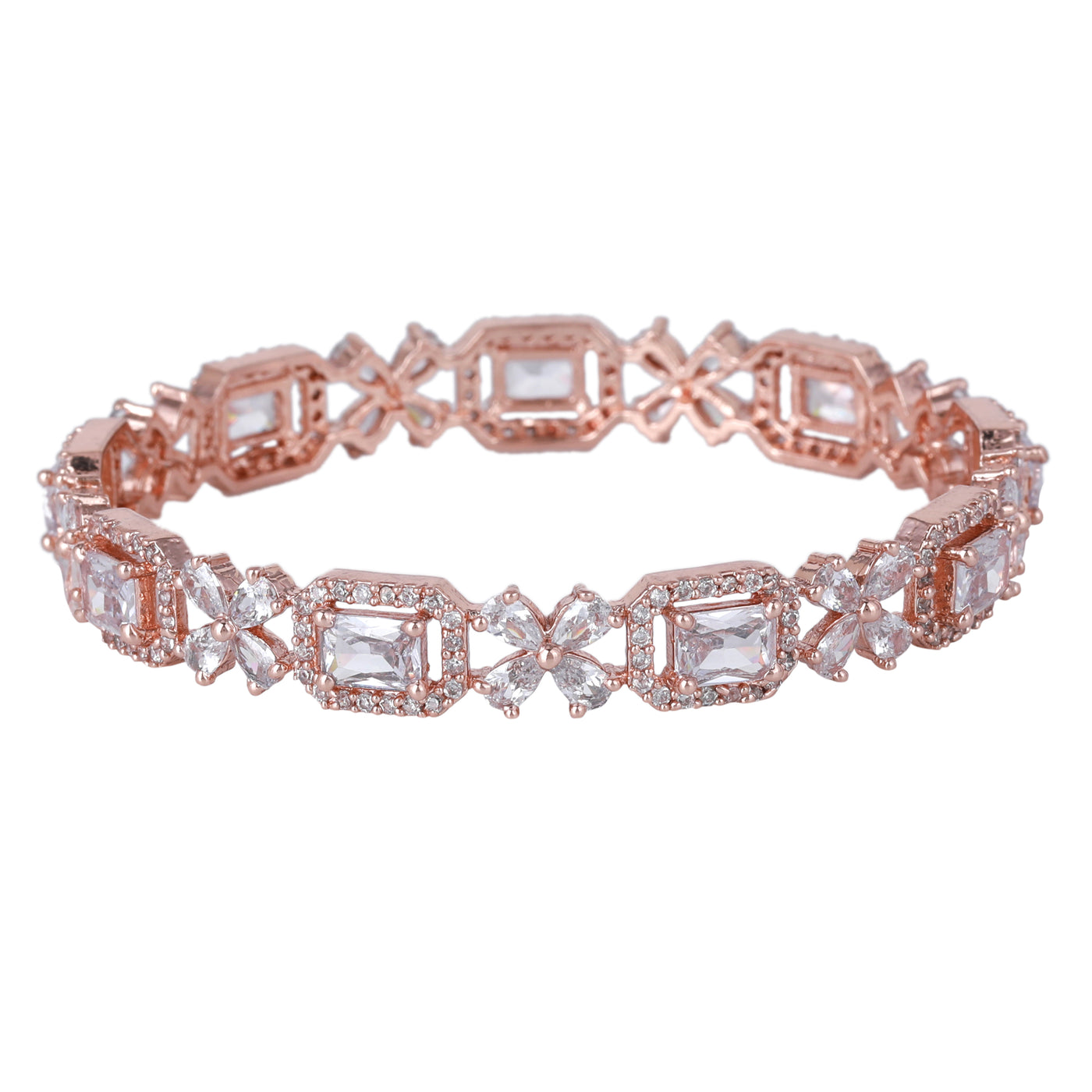 Estele Rosegold Plated Dazzling White American Diamond Floral Bangles|Available in 2:4, 2:6, & 2:8 Sizes|Perfect Blend of Glamour & Elegance for Women