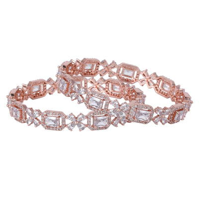 Estele Rosegold Plated Dazzling White American Diamond Floral Bangles|Available in 2:4, 2:6, & 2:8 Sizes|Perfect Blend of Glamour & Elegance for Women