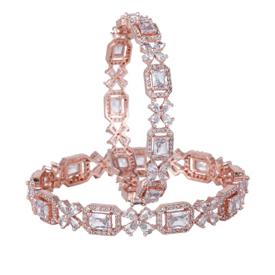 Estele Rose Gold Plated CZ Floral  Designer Bangles with White Stones for Women