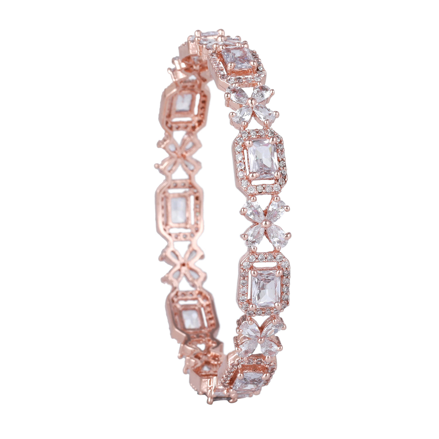 Estele Rose Gold Plated CZ Floral  Designer Bangles with White Stones for Women