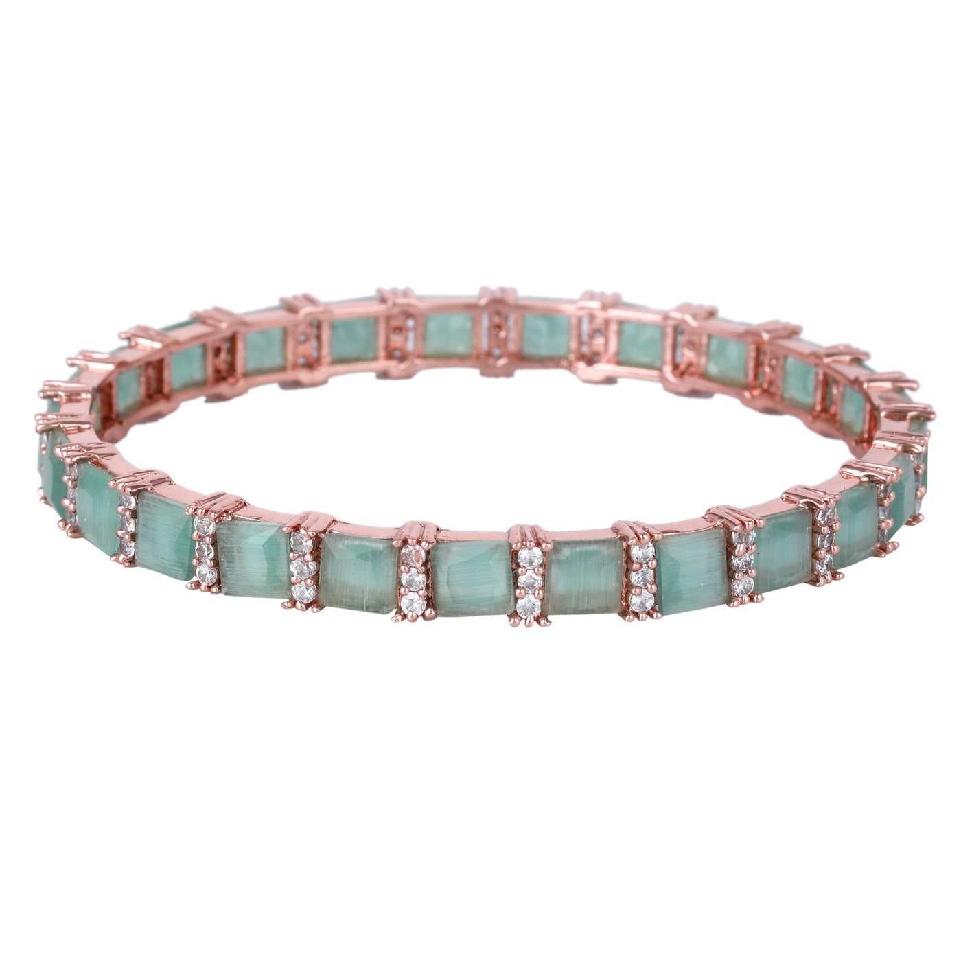 Estele Rose Gold Plated CZ Splendid Square Designer Bangles with Mint Green Stones for Women