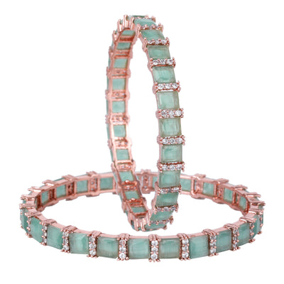 Estele Rose Gold Plated CZ Splendid Square Designer Bangles with Mint Green Stones for Women