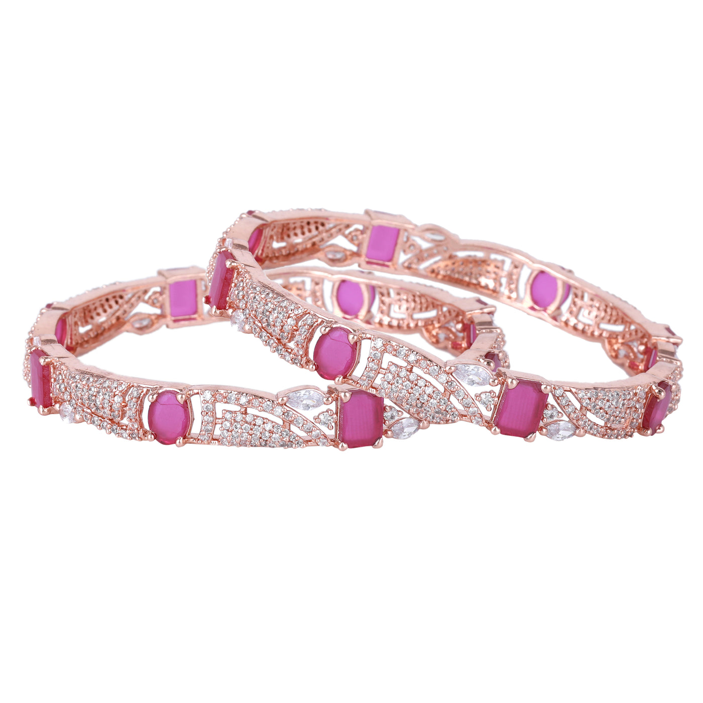 Estele Rose Gold Plated CZ Scintillating Designer Bangles with Ruby Stones for Women