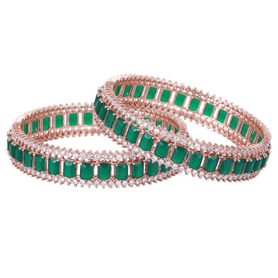 Estele Rose Gold Plated CZ Captivating Designer Bangles with Green Stones for Women