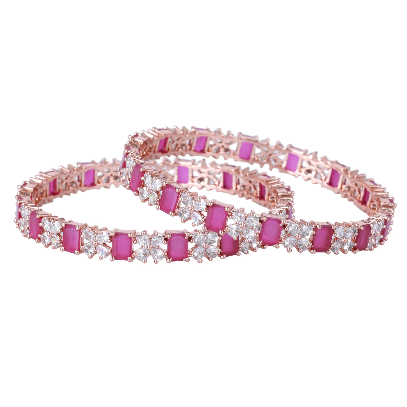 Estele Rose Gold Plated CZ Twinkling Floral Designer Bangles with Red Stones for Women