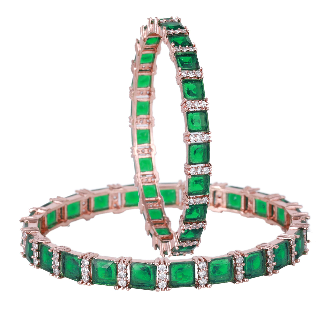 Estele Rose Gold Plated CZ Splendid Square Designer Bangles with Green Stones for Women