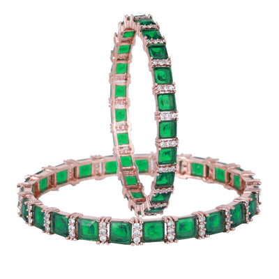 Estele Rosegold Plated Exquisite Square Pattern Green American Diamond Bangles | Sizes 2:4, 2:6 & 2:8|Perfect for Womens Elegant & Glamorous Look