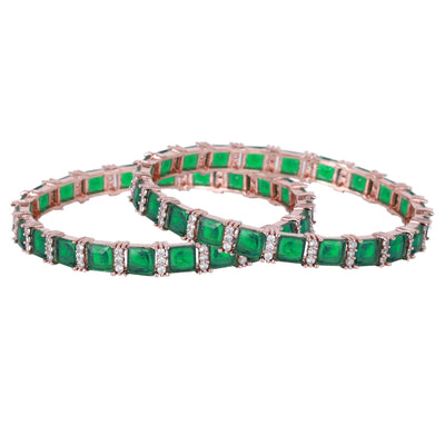 Estele Rosegold Plated Exquisite Square Pattern Green American Diamond Bangles | Sizes 2:4, 2:6 & 2:8|Perfect for Womens Elegant & Glamorous Look