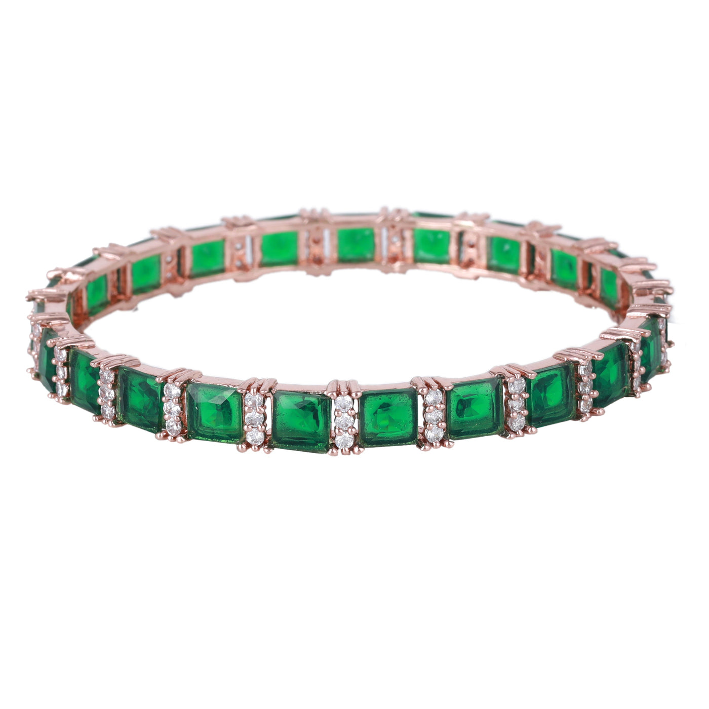 Estele Rose Gold Plated CZ Splendid Square Designer Bangles with Green Stones for Women