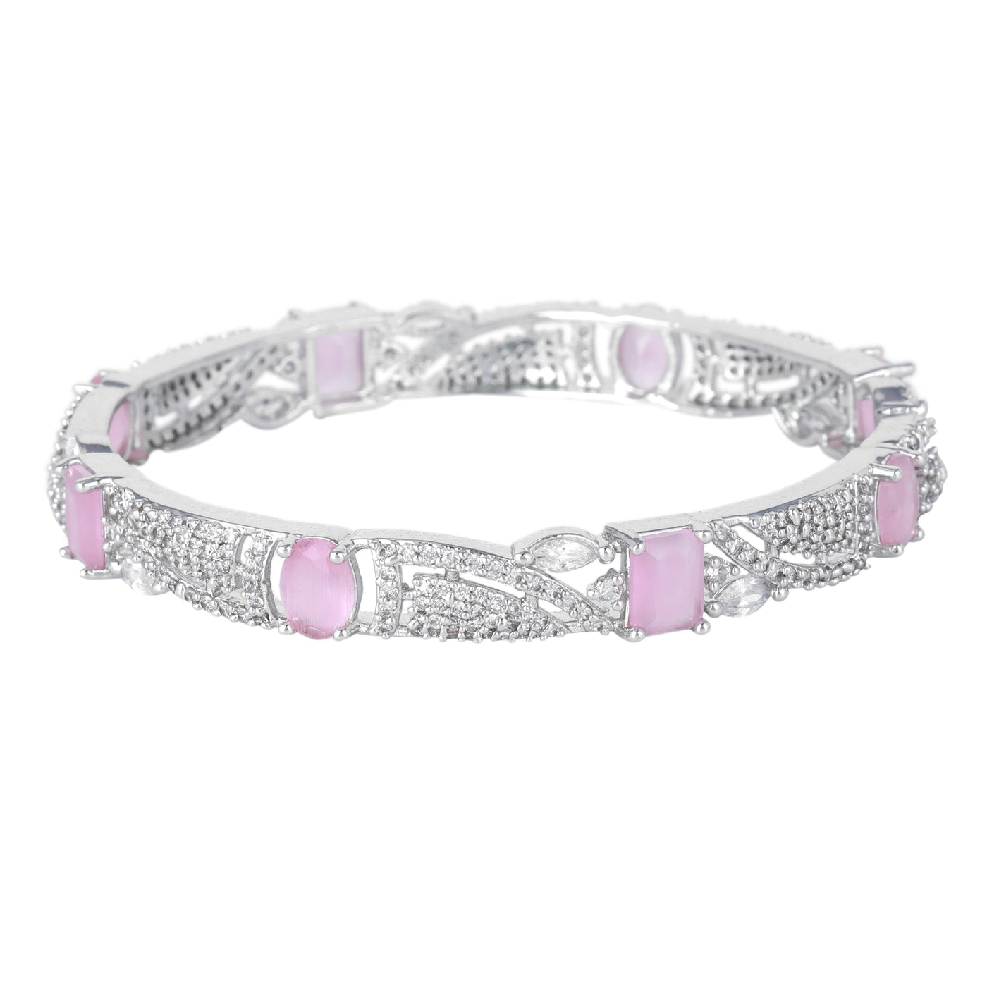 Estele Rhodium Plated CZ Scintillating Designer Bangles with Mint Pink Stones for Women