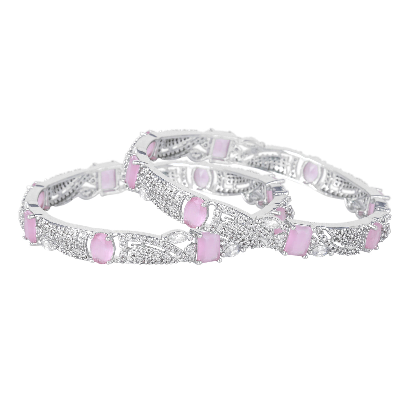 Estele Rhodium Plated CZ Scintillating Designer Bangles with Mint Pink Stones for Women