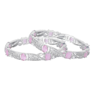 Estele Rhodium Plated CZ Scintillating Designer Bangles with Mint Pink Stones for Women