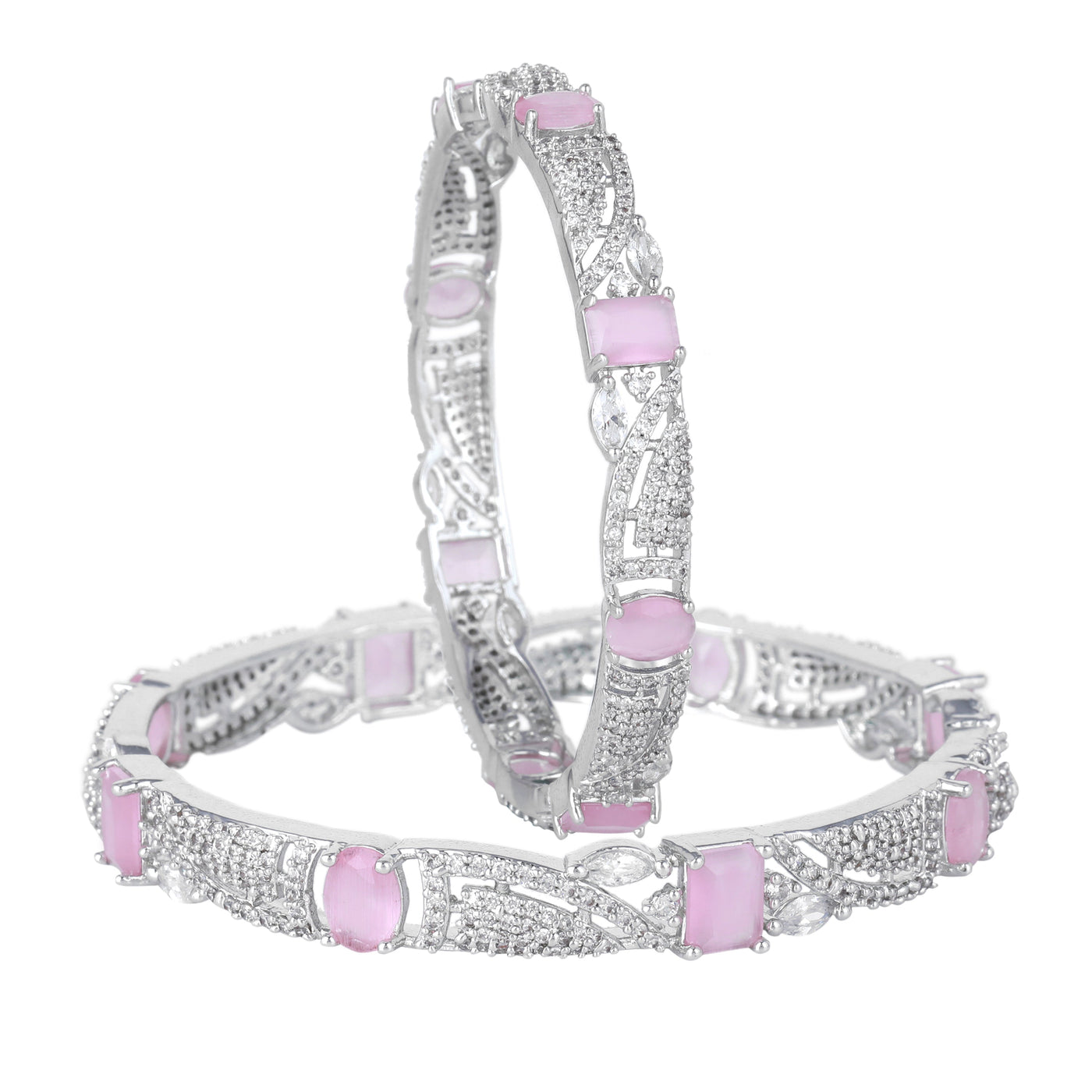 Estele Rhodium Plated CZ Scintillating Designer Bangles with Mint Pink Stones for Women