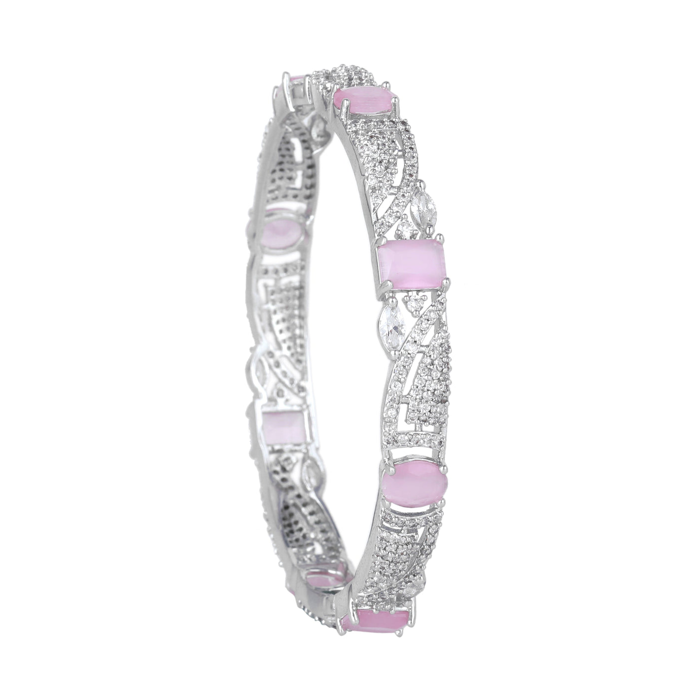 Estele Rhodium Plated CZ Scintillating Designer Bangles with Mint Pink Stones for Women