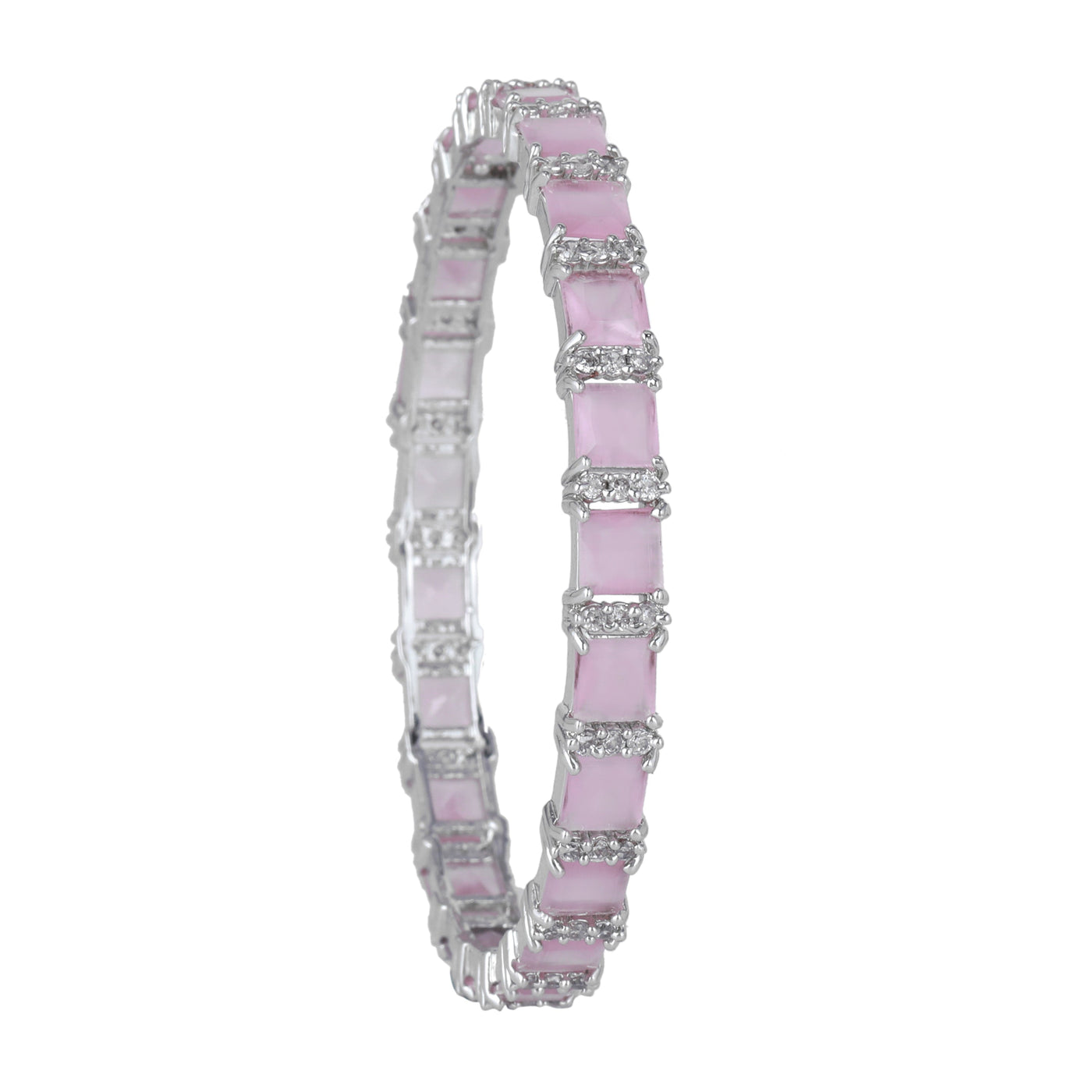 Estele Rhodium Plated CZ Splendid Square Designer Bangles with Mint Pink Stones for Women