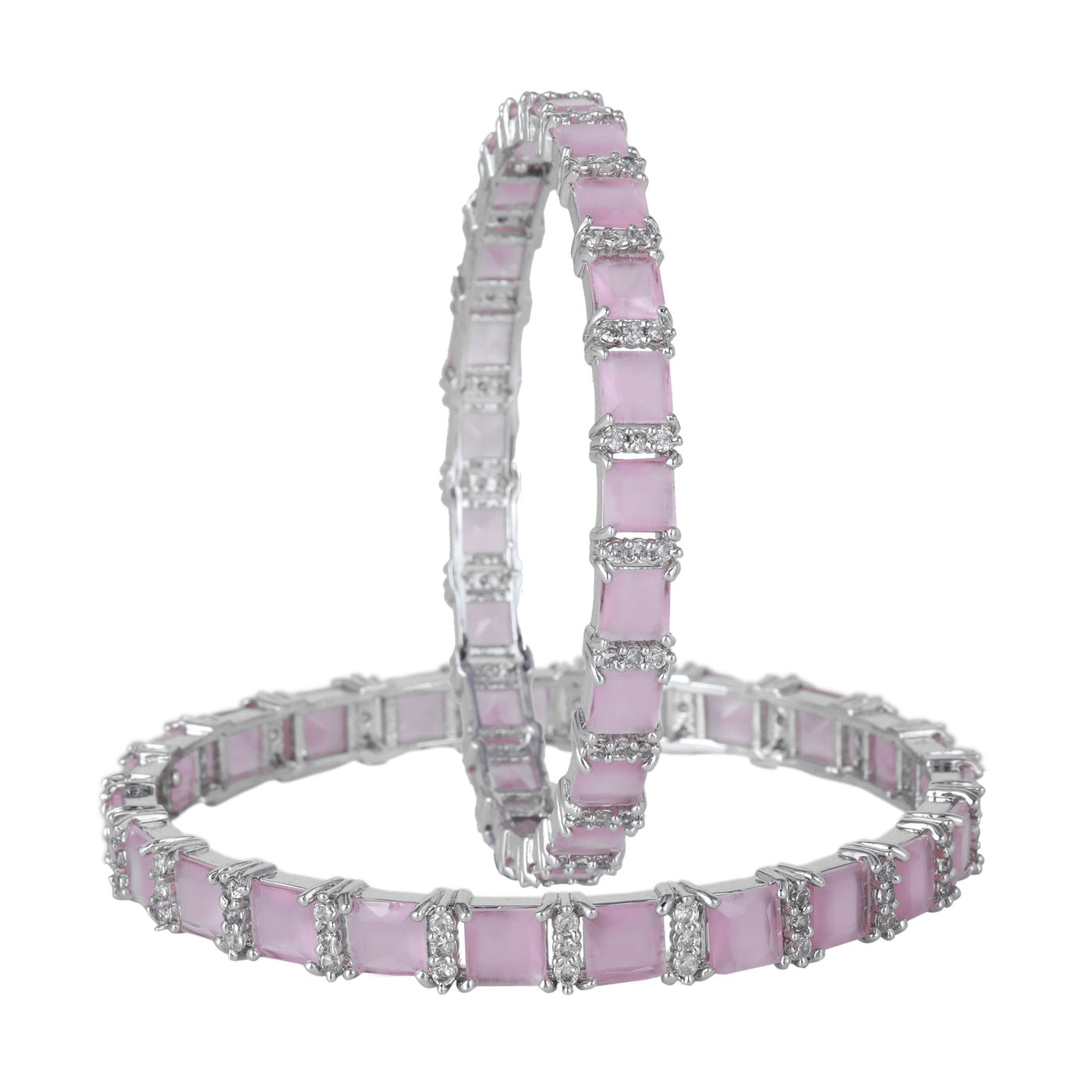 Estele Rhodium Plated CZ Splendid Square Designer Bangles with Mint Pink Stones for Women