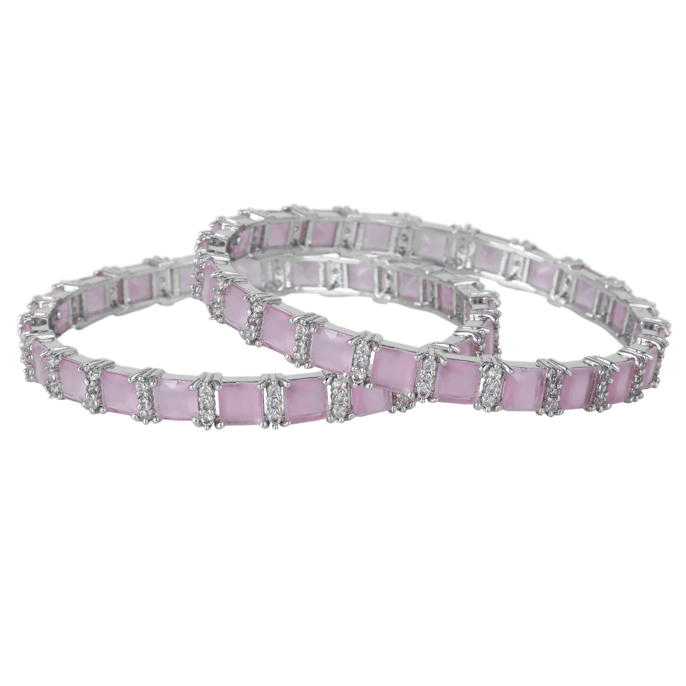 Estele Rhodium Plated CZ Splendid Square Designer Bangles with Mint Pink Stones for Women