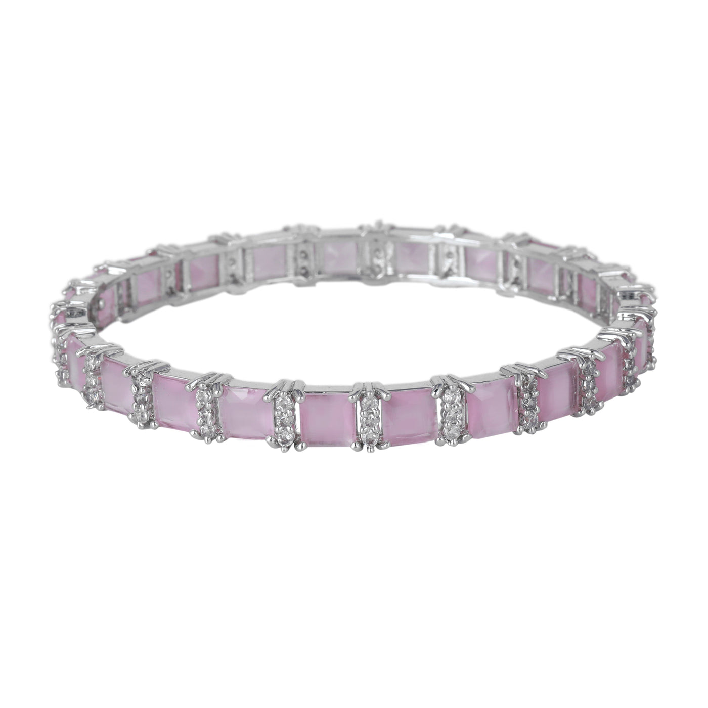 Estele Rhodium Plated CZ Splendid Square Designer Bangles with Mint Pink Stones for Women