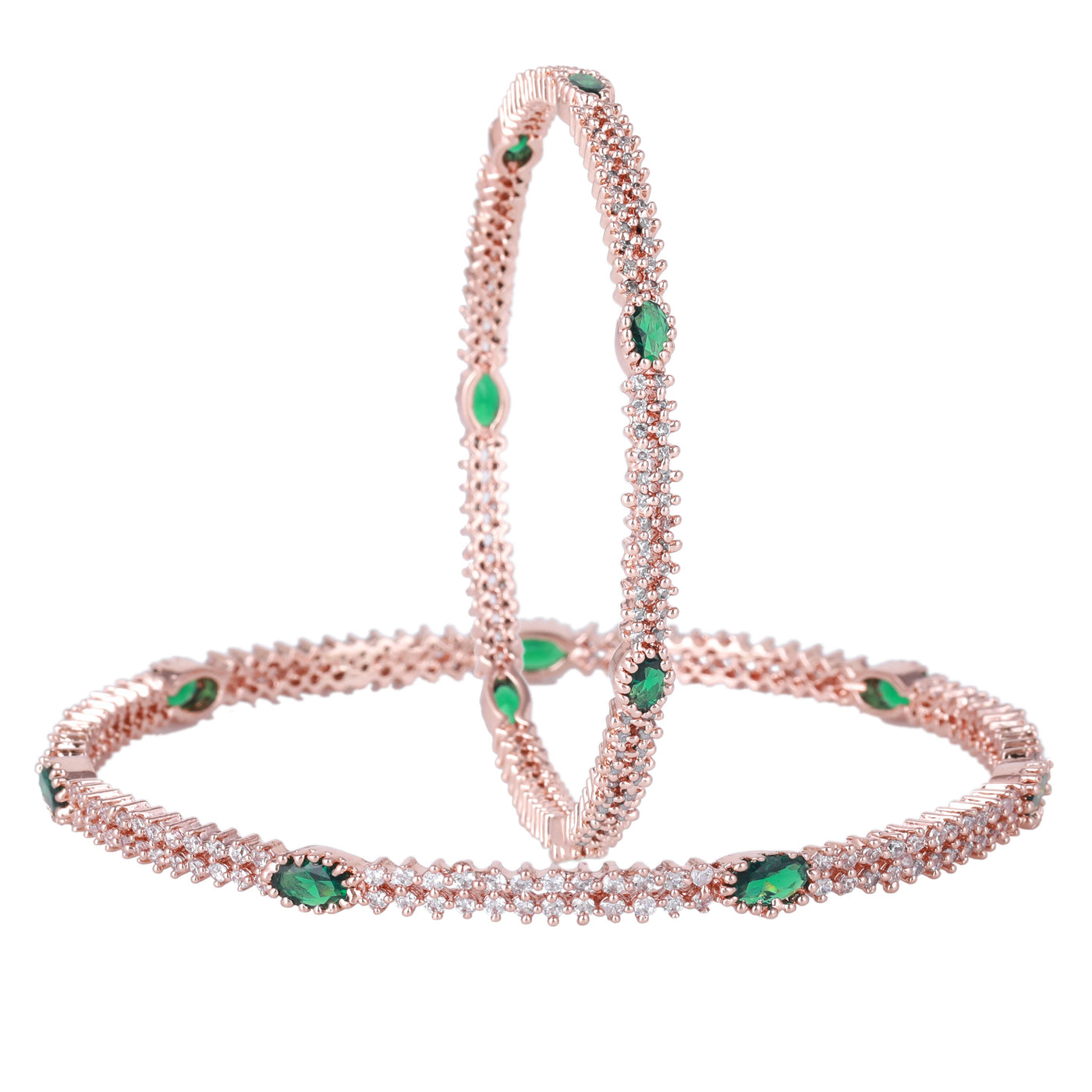 Estele Rose Gold Plated CZ Sparkling Bangles with Green Crystals for Women