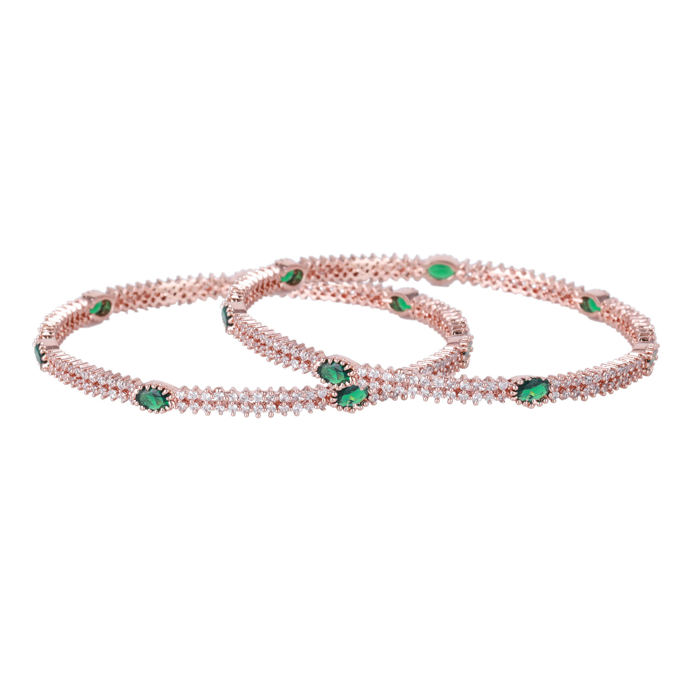 Estele Rose Gold Plated CZ Sparkling Bangles with Green Crystals for Women