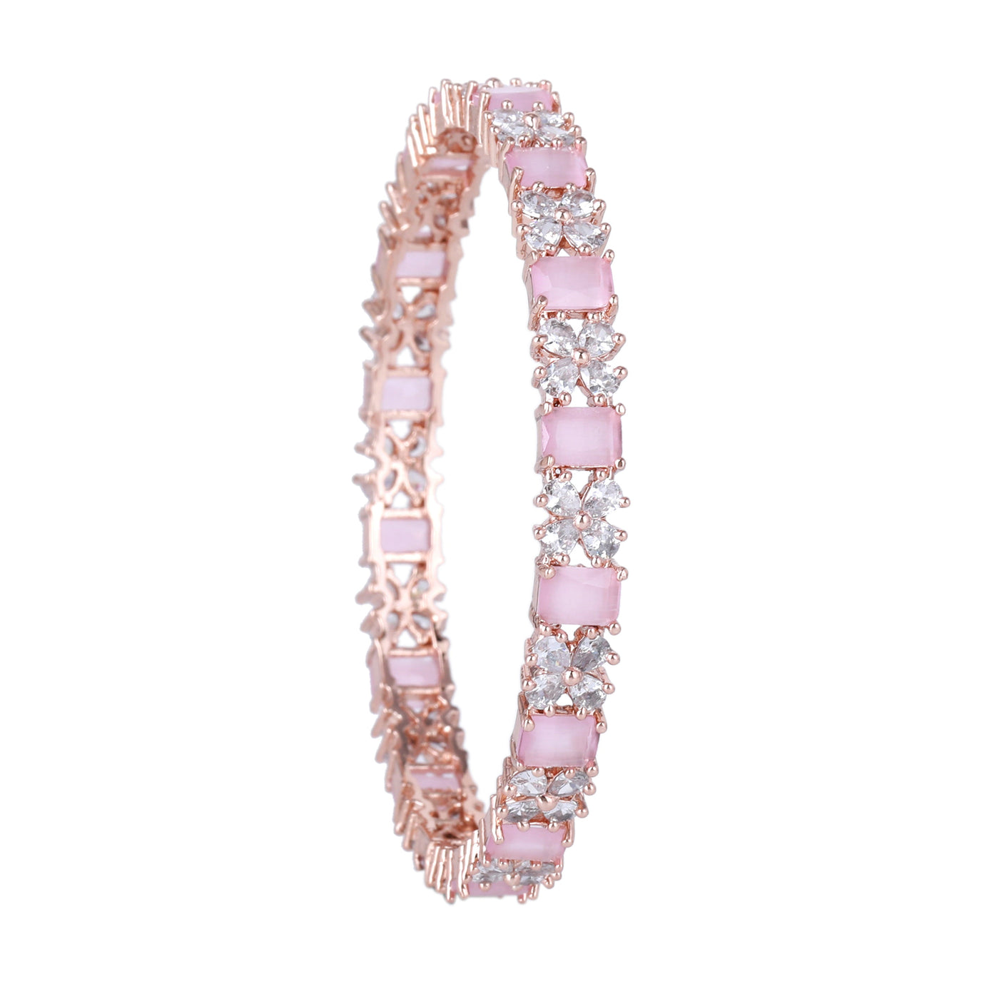 Estele Rose Gold Plated CZ Twinkling Floral Designer Bangles with Mint Pink Stones for Women