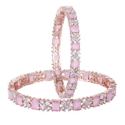 Estele Rose Gold Plated CZ Twinkling Floral Designer Bangles with Mint Pink Stones for Women