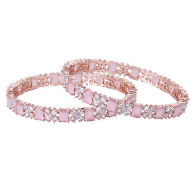 Estele Rosegold Plated Glossy Mint Pink American Diamond Bangles| Available in 2:4, 2:6, & 2:8 Sizes|Dazzling Touch of Elegance for Women