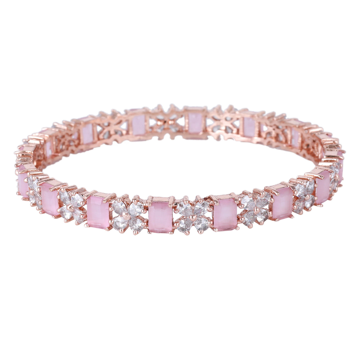 Estele Rose Gold Plated CZ Twinkling Floral Designer Bangles with Mint Pink Stones for Women