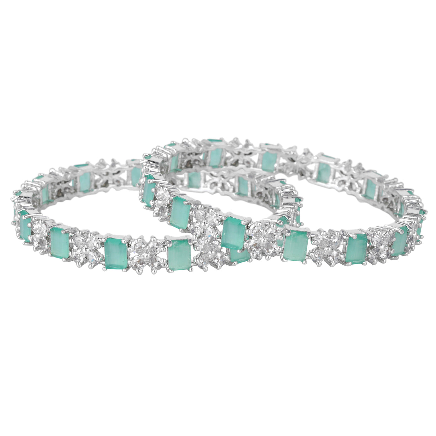 Estele Rhodium Plated CZ Twinkling Floral Designer Bangles with Mint Green Stones for Women