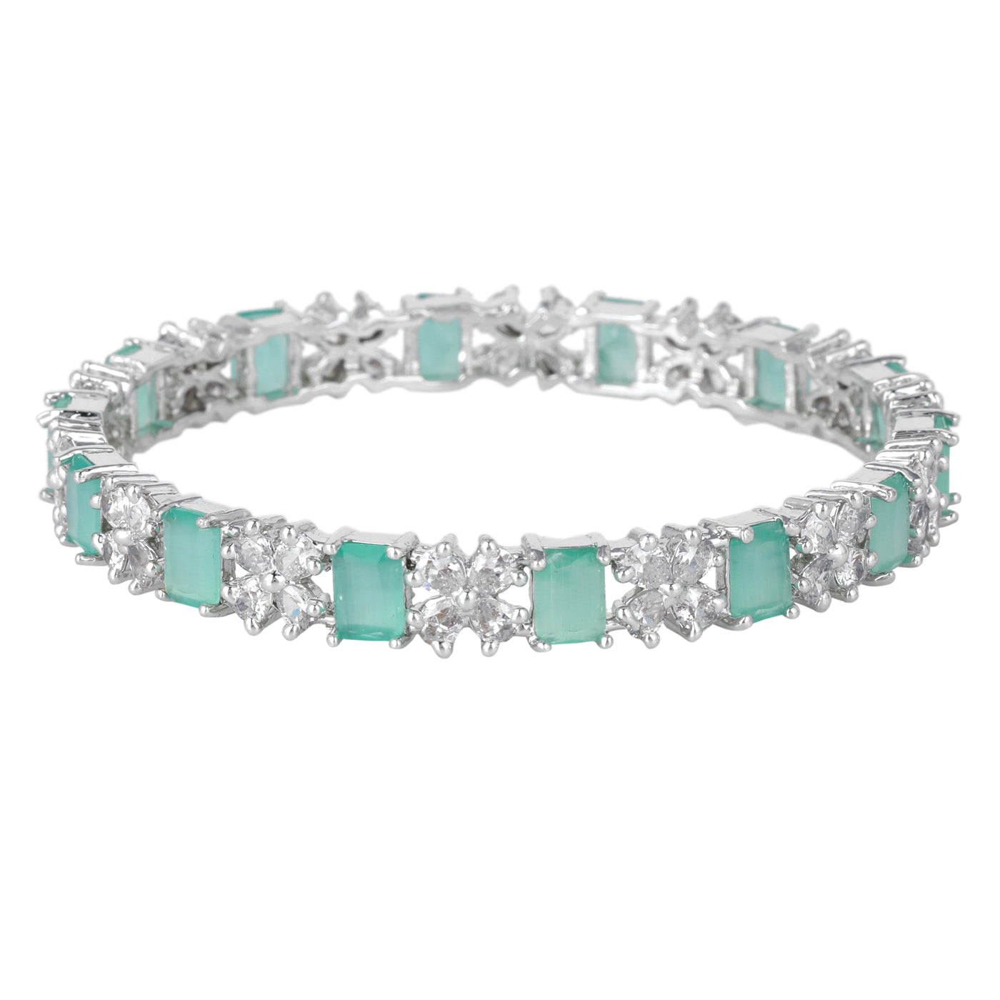 Estele Rhodium Plated CZ Twinkling Floral Designer Bangles with Mint Green Stones for Women