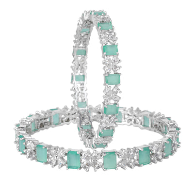 Estele Rhodium Plated CZ Twinkling Floral Designer Bangles with Mint Green Stones for Women