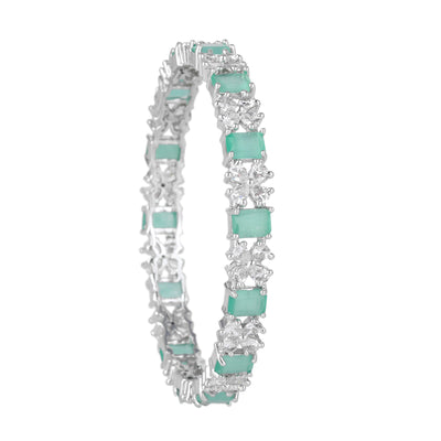 Estele Rhodium Plated CZ Twinkling Floral Designer Bangles with Mint Green Stones for Women