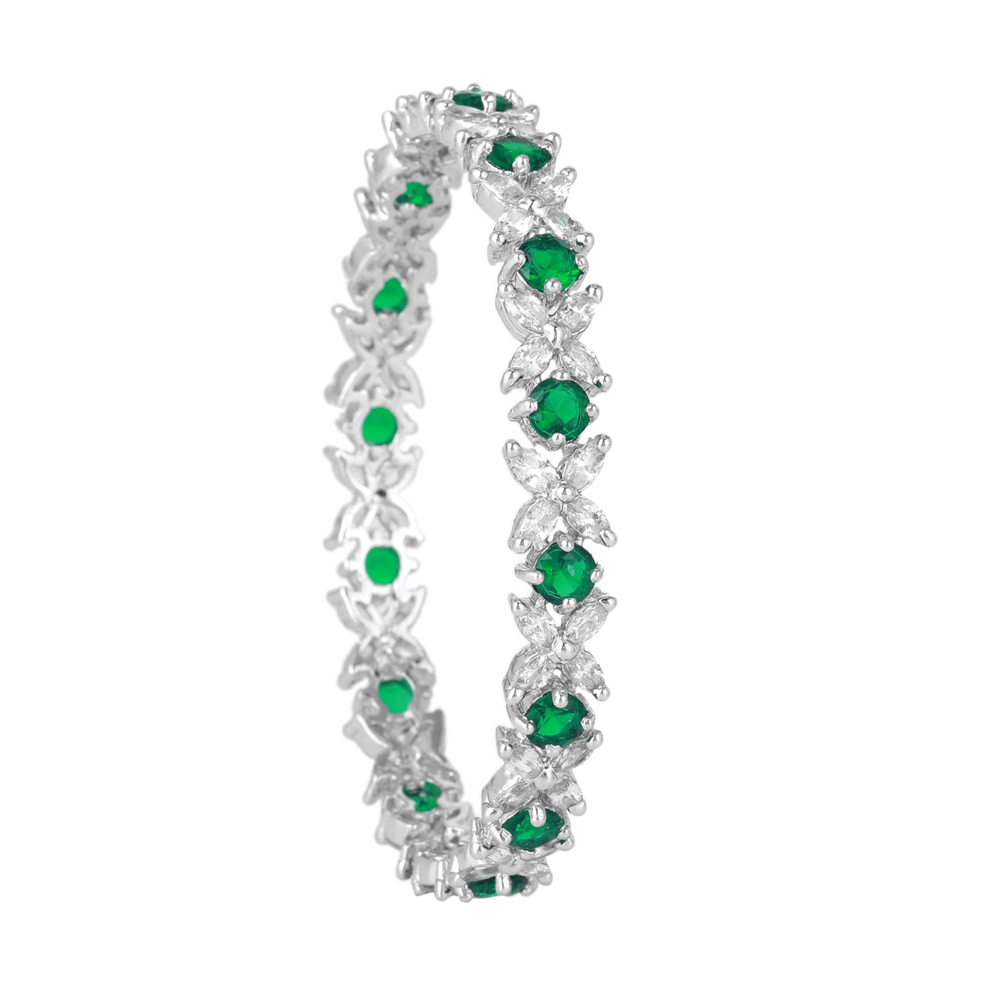 Estele Rhodium Plated CZ Flower Designer Bangles with Green Stones for Women