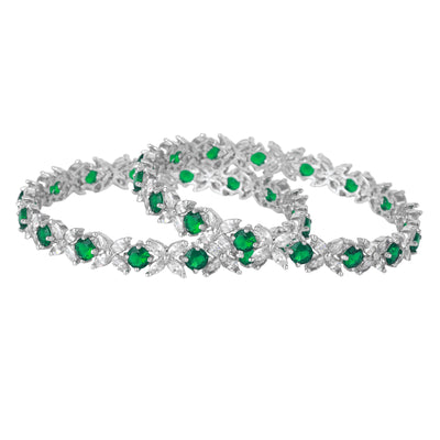 Estele Rhodium Plated CZ Flower Designer Bangles with Green Stones for Women