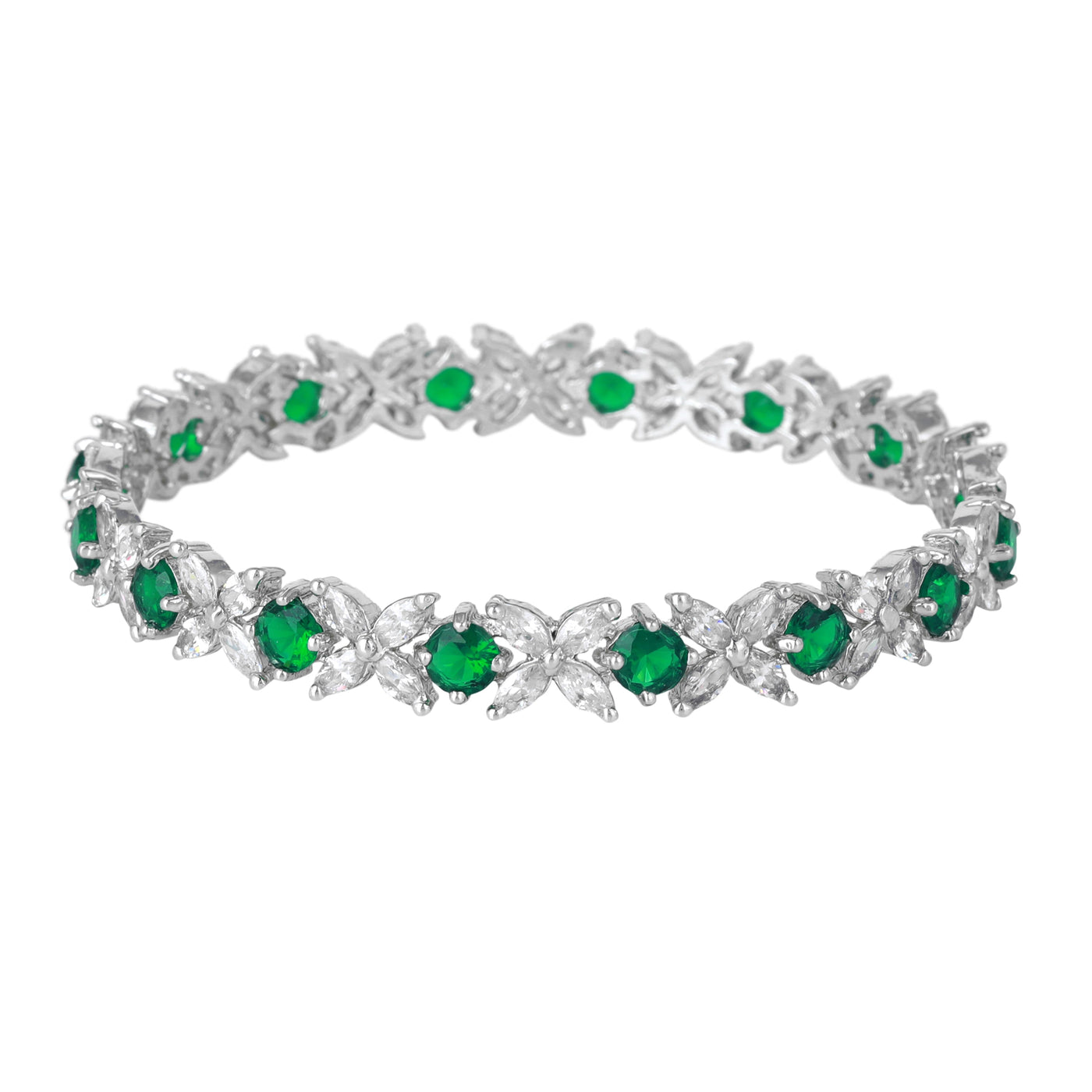 Estele Rhodium Plated CZ Flower Designer Bangles with Green Stones for Women