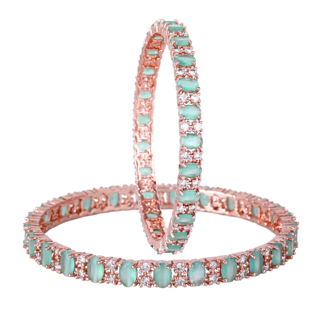 Estele Rose Gold Plated CZ Splendid Square Designer Bangles with Mint Green Stones for Women